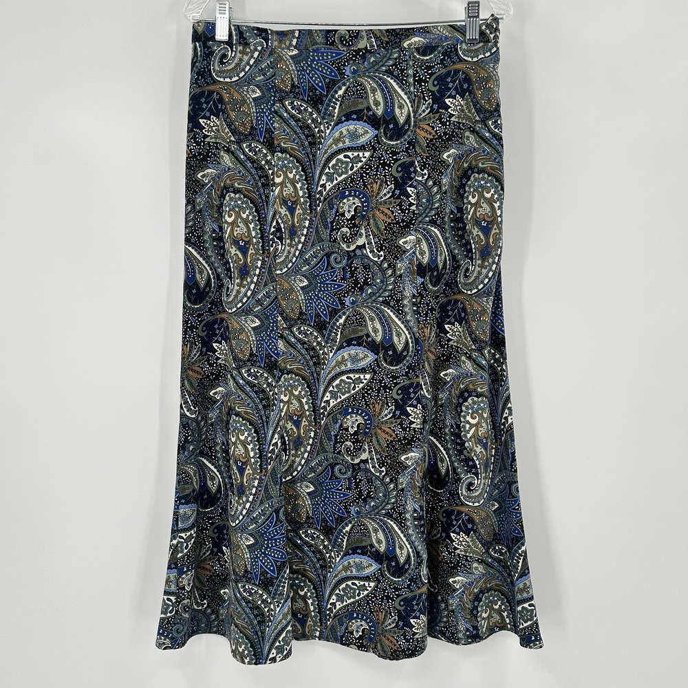 Blue Paisley Cottage Midi Skirt Womens M Country Flowy Stretch Prairie Peasant